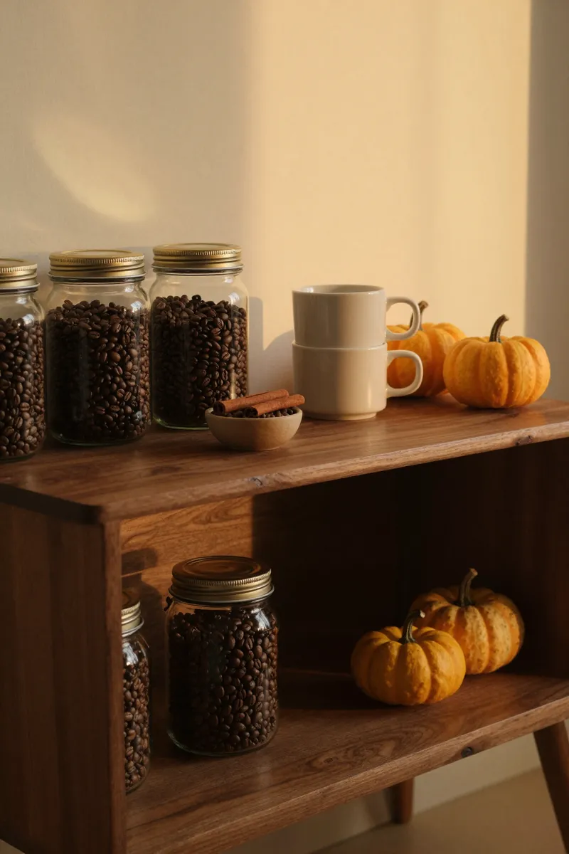 A walnut sideboard with jars of coffee beans, cream mugs, cinnamon sticks and mini pumpkins