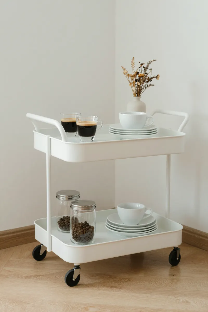 A white two-tier rolling cart holding espresso cups, saucers and jars of coffee beans